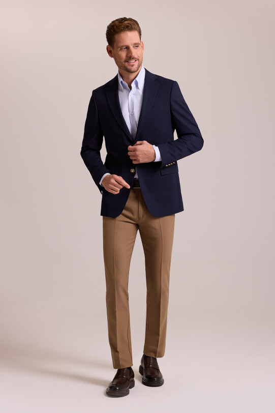 Erkek Lacivert Regular Fit Mono Yaka Likralı Blazer Ceket