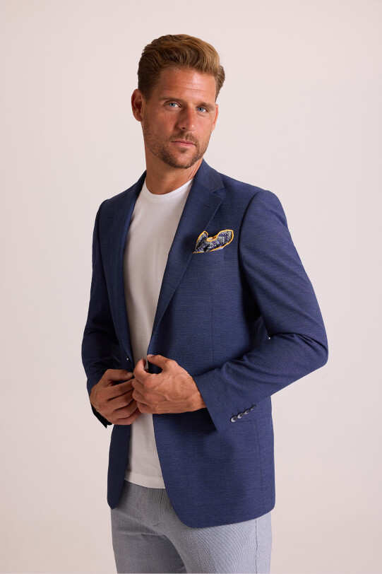 Erkek Lacivert Regular Fit Mono Yaka Keten Ceket