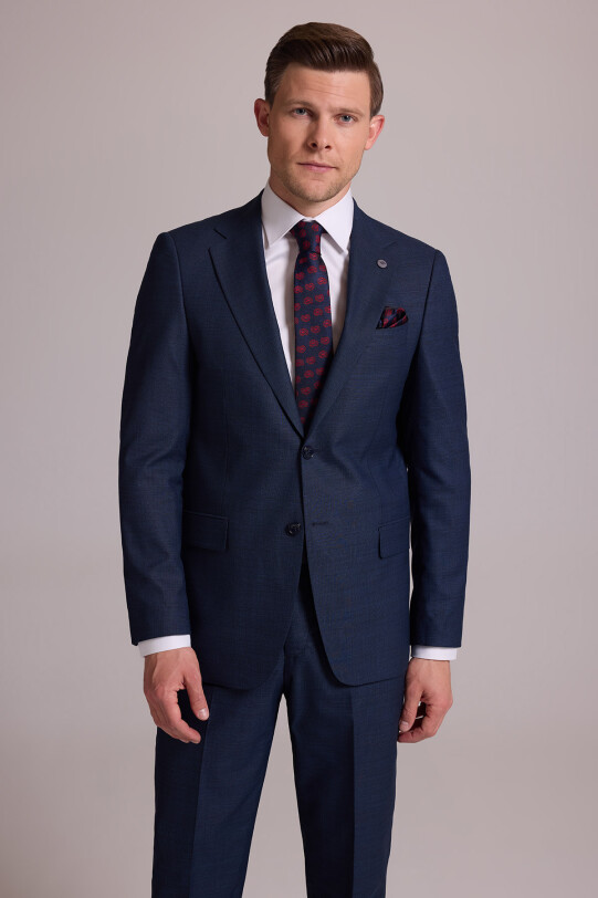 Erkek Lacivert Regular Fit Mono Yaka Yün Karışımlı Kareli Takım Elbise