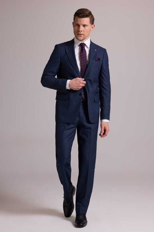 Erkek Lacivert Regular Fit Mono Yaka Yün Karışımlı Kareli Takım Elbise