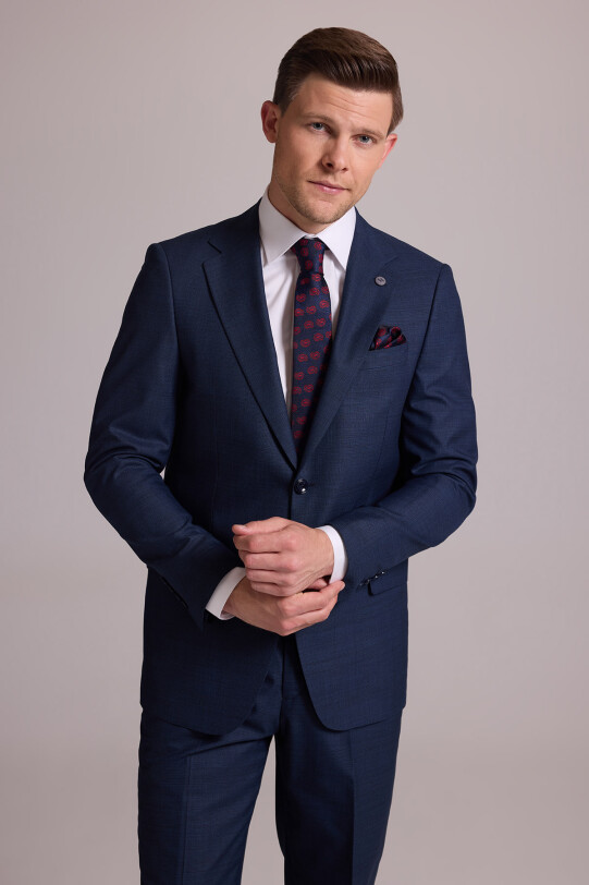 Erkek Lacivert Regular Fit Mono Yaka Yün Karışımlı Kareli Takım Elbise