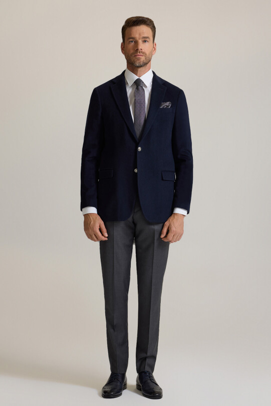 Erkek Lacivert Regular Fit Mono Yaka Puntolu Yün-Kaşmir Karışımlı Blazer Ceket
