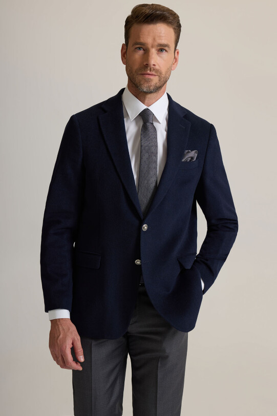 Erkek Lacivert Regular Fit Mono Yaka Puntolu Yün-Kaşmir Karışımlı Blazer Ceket