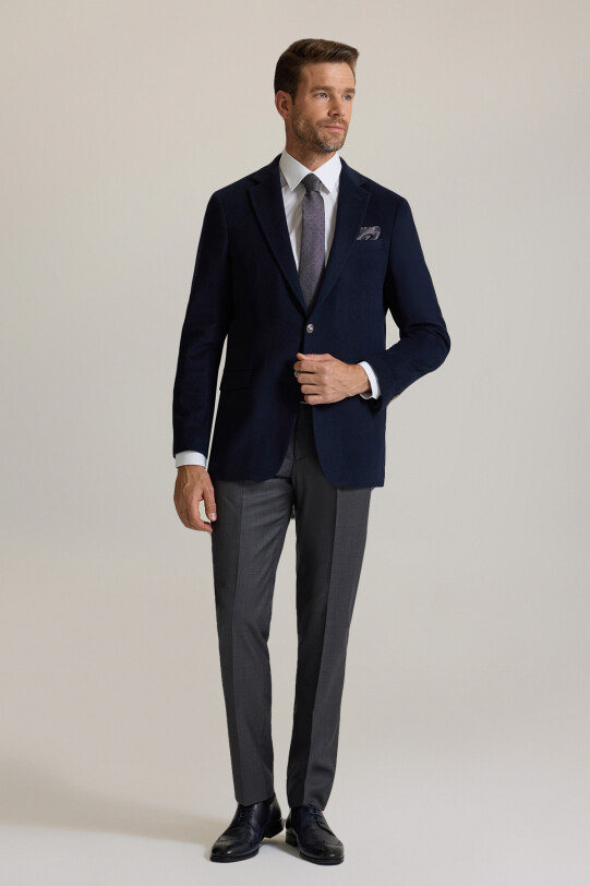 Erkek Lacivert Regular Fit Mono Yaka Puntolu Yün-Kaşmir Karışımlı Blazer Ceket