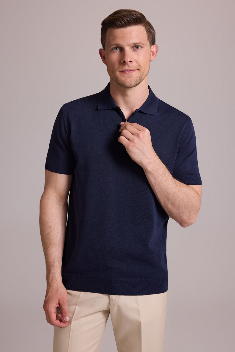 Erkek Lacivert Regular Fit Polo Yaka Fermuarlı Triko Tişört - 1