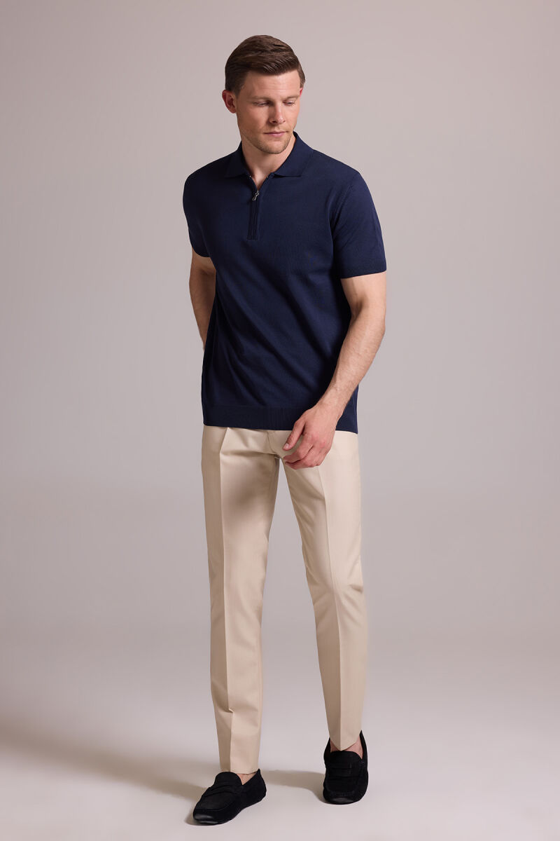 Erkek Lacivert Regular Fit Polo Yaka Fermuarlı Triko Tişört - 4