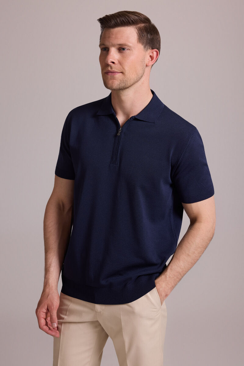 Erkek Lacivert Regular Fit Polo Yaka Fermuarlı Triko Tişört - 8