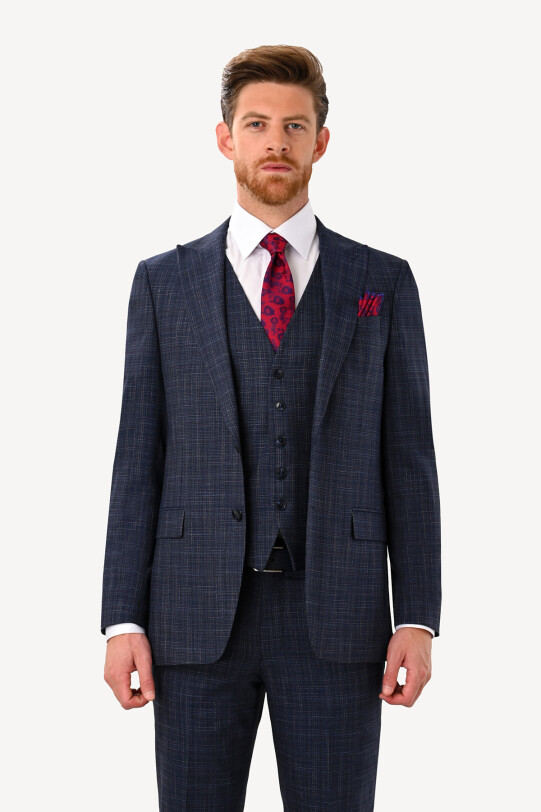 Erkek Lacivert Regular Fit Sivri Yaka Yelekli Takım Elbise