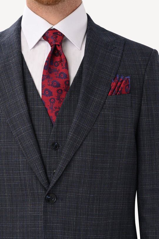 Erkek Lacivert Regular Fit Sivri Yaka Yelekli Takım Elbise