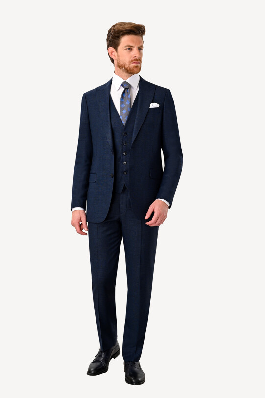 Erkek Lacivert Regular Fit Sivri Yaka Yelekli Takım Elbise