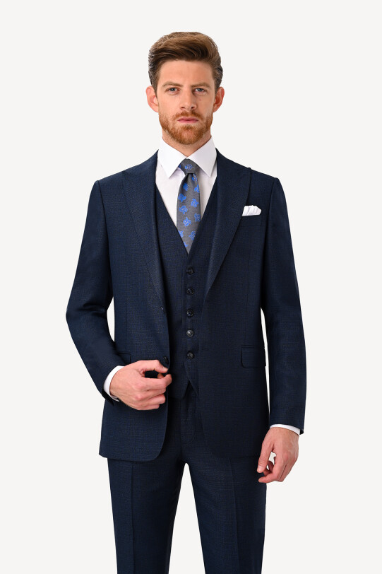 Erkek Lacivert Regular Fit Sivri Yaka Yelekli Takım Elbise
