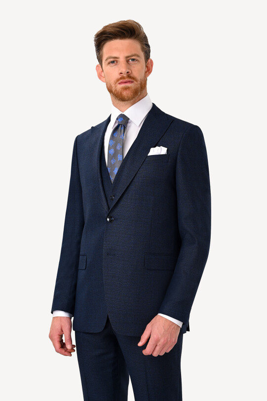 Erkek Lacivert Regular Fit Sivri Yaka Yelekli Takım Elbise
