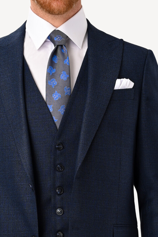 Erkek Lacivert Regular Fit Sivri Yaka Yelekli Takım Elbise