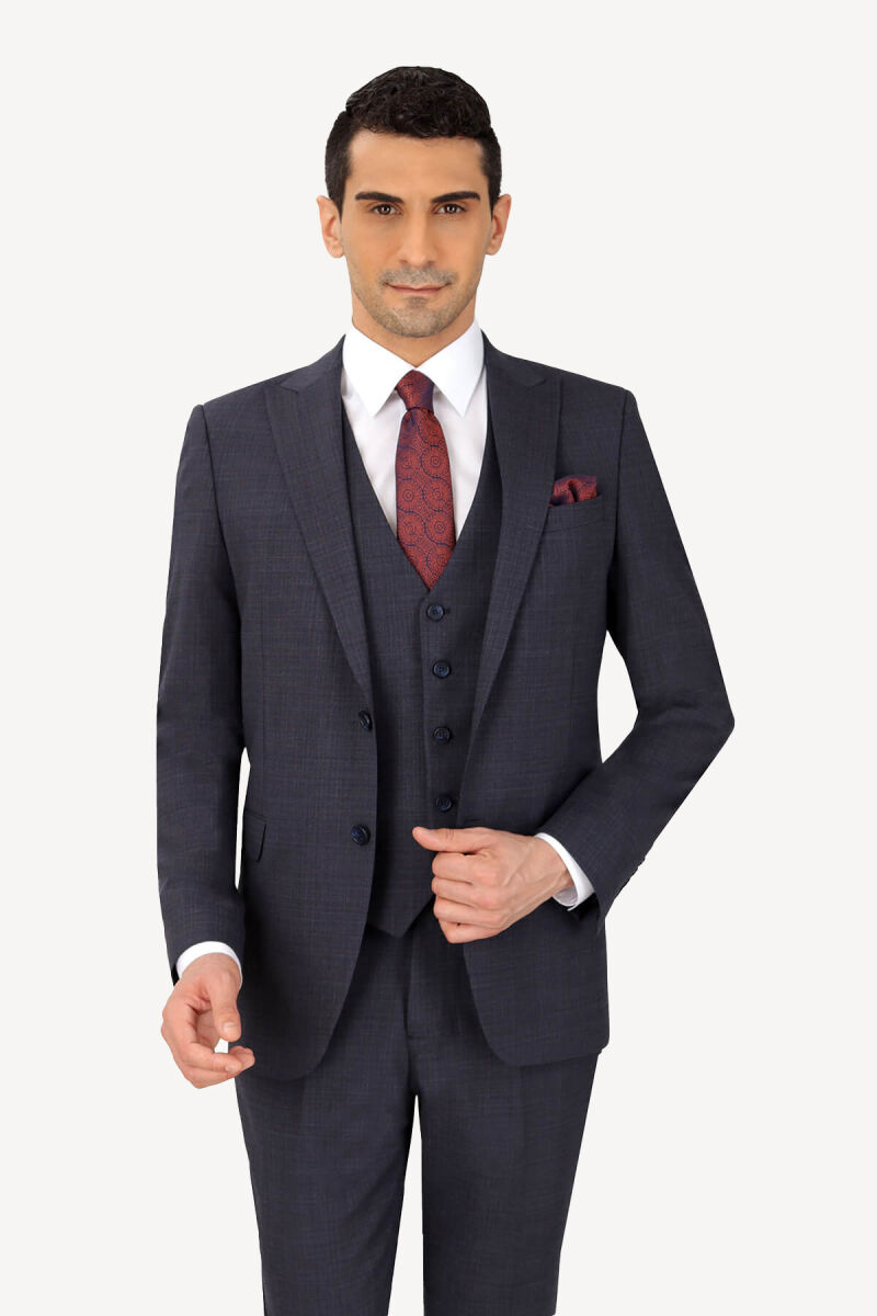 Erkek Lacivert Regular Fit Sivri Yaka Yelekli Takım Elbise - 2