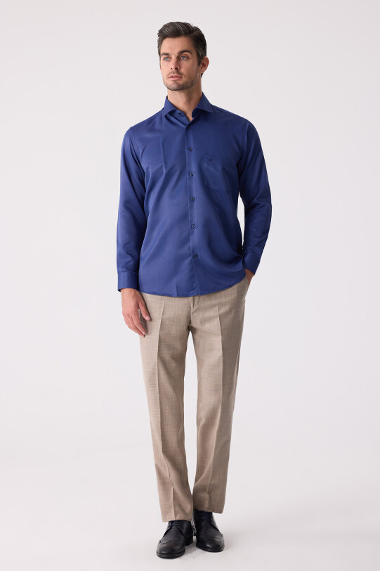 Erkek Lacivert Regular Fit Uzun Kol Pamuk Gömlek