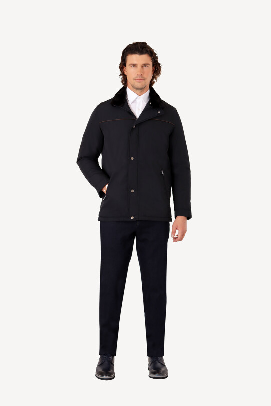 Erkek Lacivert Regular Fit Yakası Kürklü Kaban