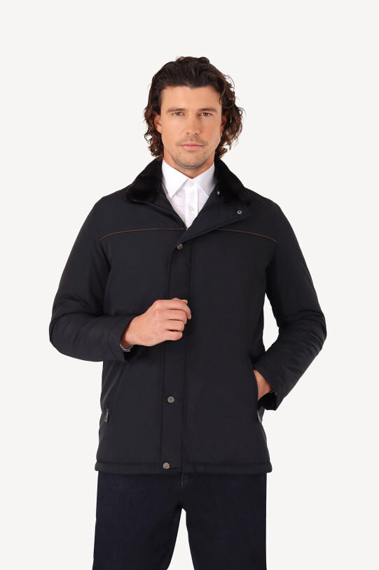 Erkek Lacivert Regular Fit Yakası Kürklü Kaban