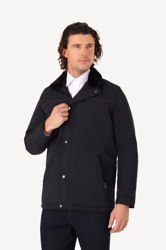 Erkek Lacivert Regular Fit Yakası Kürklü Kaban