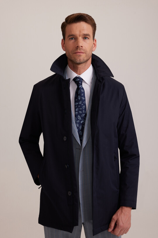 Erkek Lacivert Regular Fit Yan Cep Fermuarlı Kaban