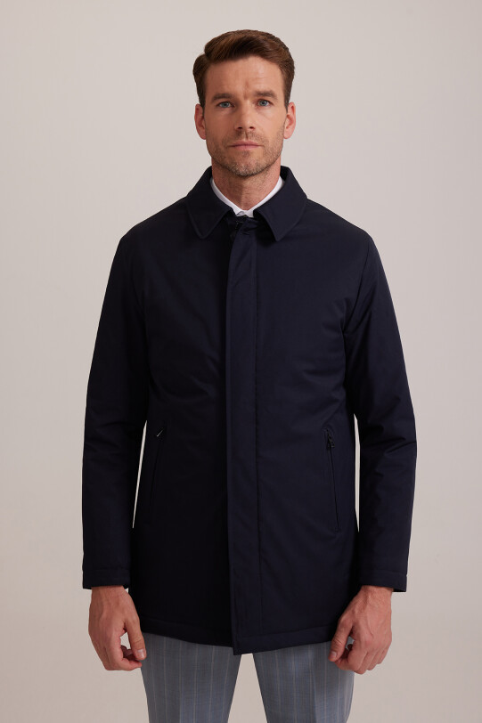 Erkek Lacivert Regular Fit Yan Cep Fermuarlı Kaban