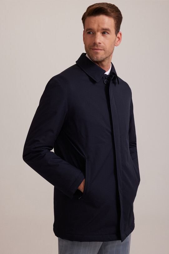 Erkek Lacivert Regular Fit Yan Cep Fermuarlı Kaban