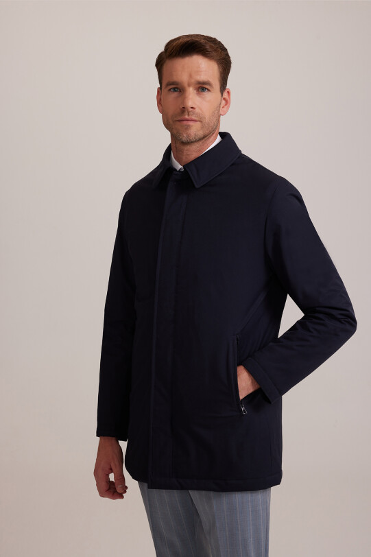 Erkek Lacivert Regular Fit Yan Cep Fermuarlı Kaban