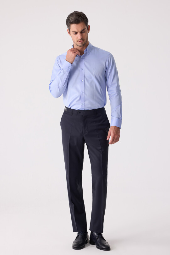 Erkek Lacivert Regular Fit Yün Karışımlı Kumaş Pantolon