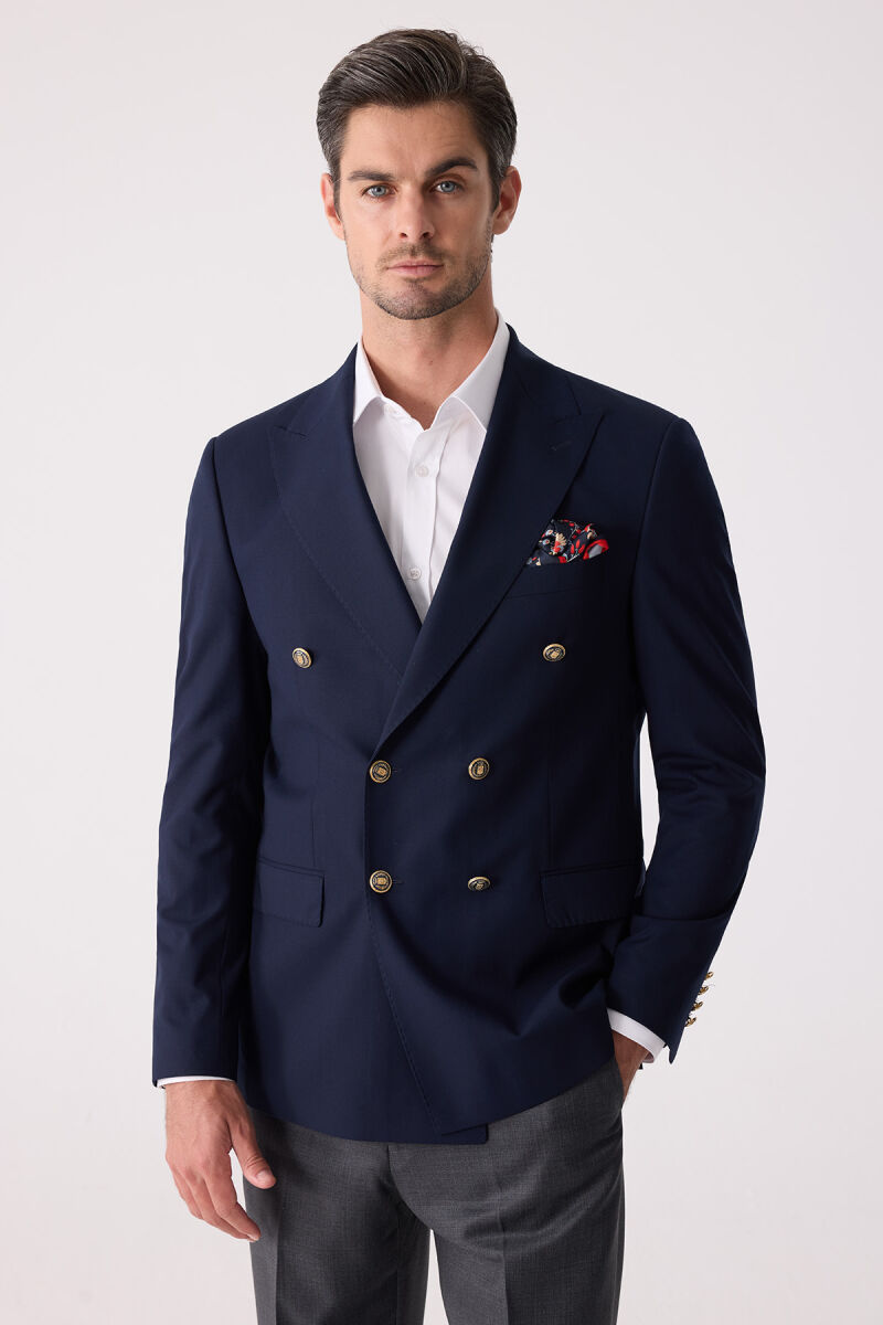 Erkek Lacivert Regular Fit Yün Puntolu Kruvaze Blazer Ceket - 1