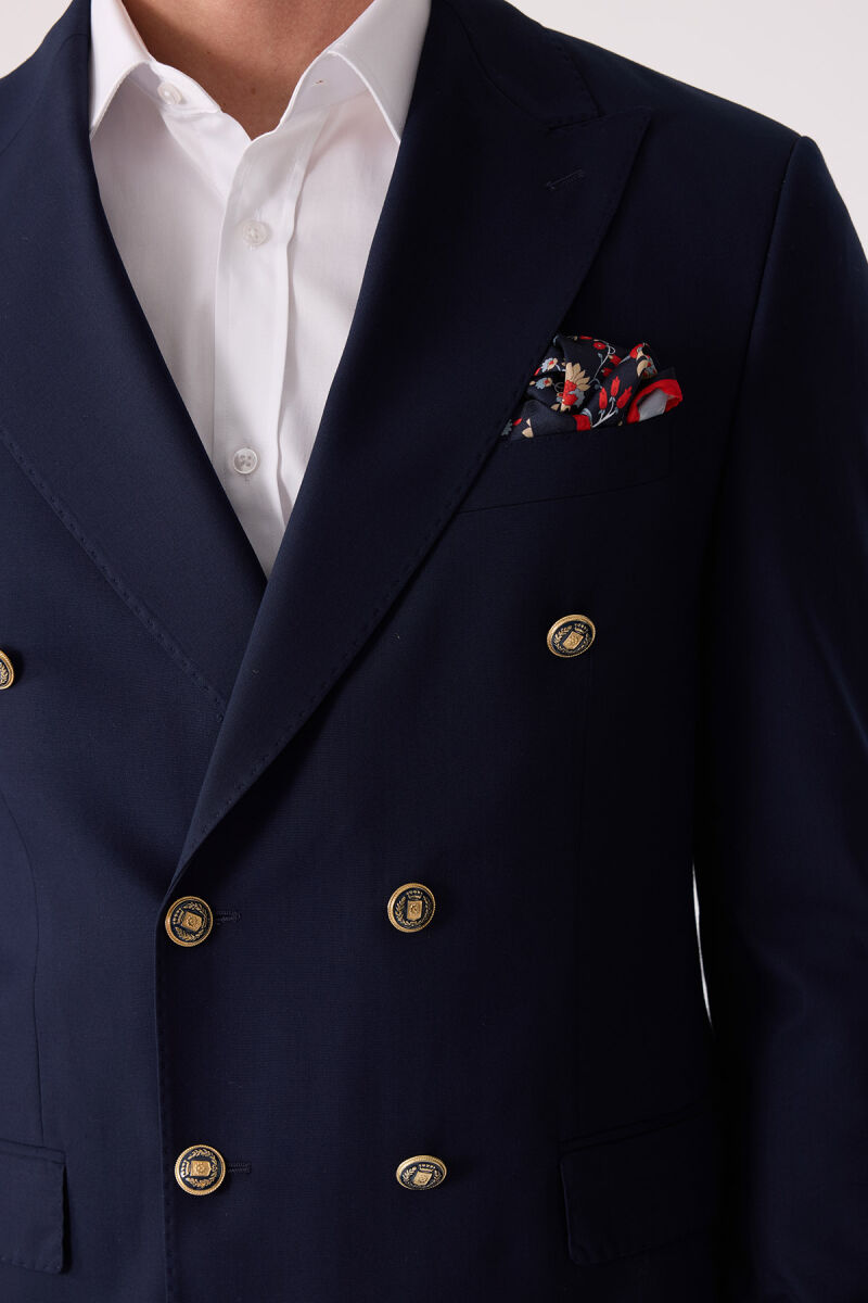 Erkek Lacivert Regular Fit Yün Puntolu Kruvaze Blazer Ceket - 10