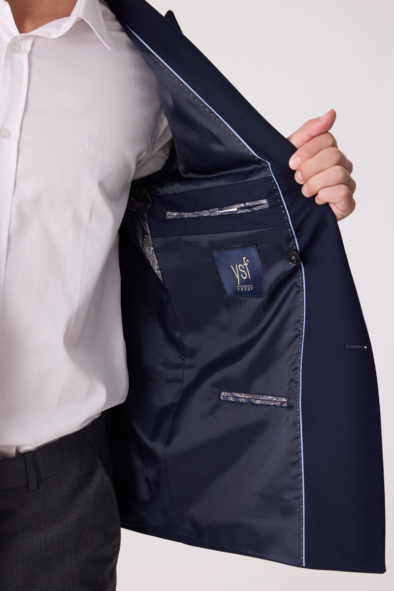 Erkek Lacivert Regular Fit Yün Puntolu Kruvaze Blazer Ceket - 11