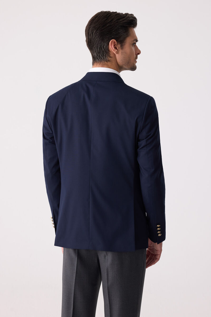 Erkek Lacivert Regular Fit Yün Puntolu Kruvaze Blazer Ceket - 12
