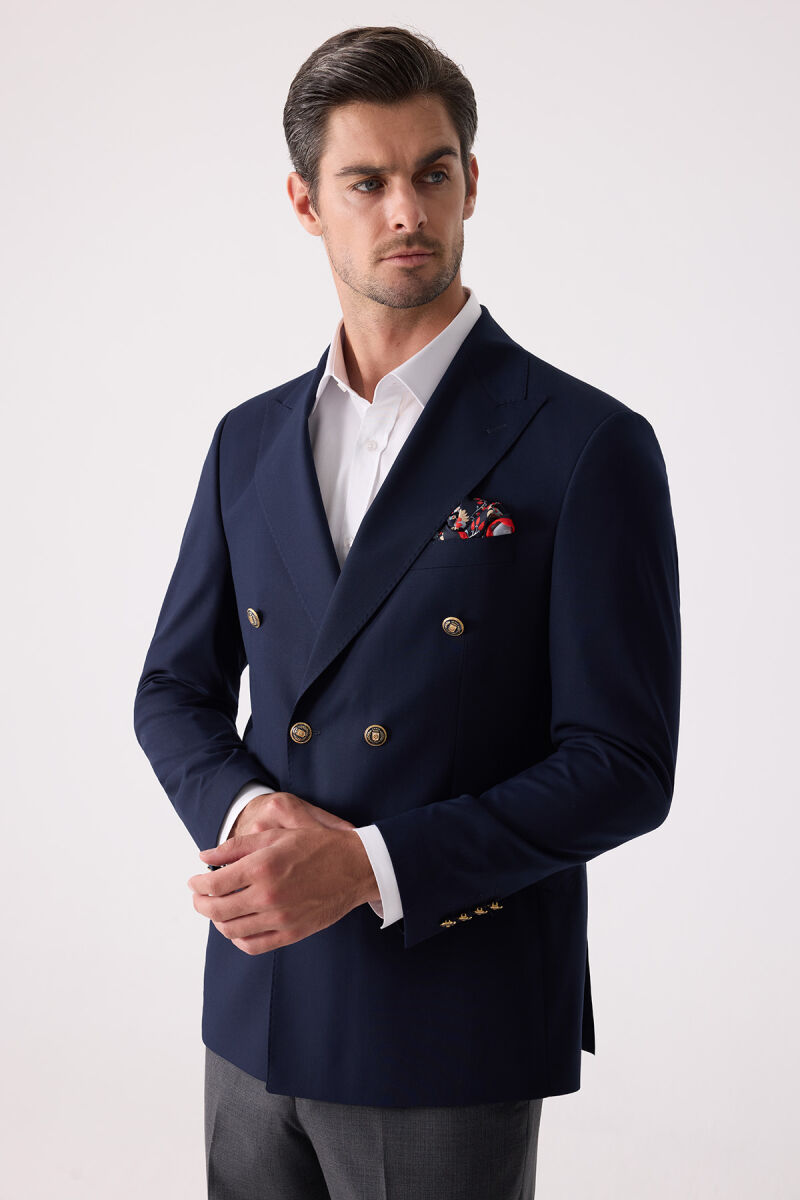 Erkek Lacivert Regular Fit Yün Puntolu Kruvaze Blazer Ceket - 2