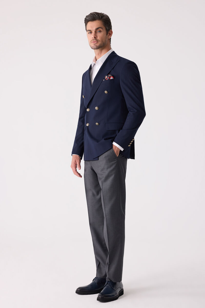Erkek Lacivert Regular Fit Yün Puntolu Kruvaze Blazer Ceket - 4