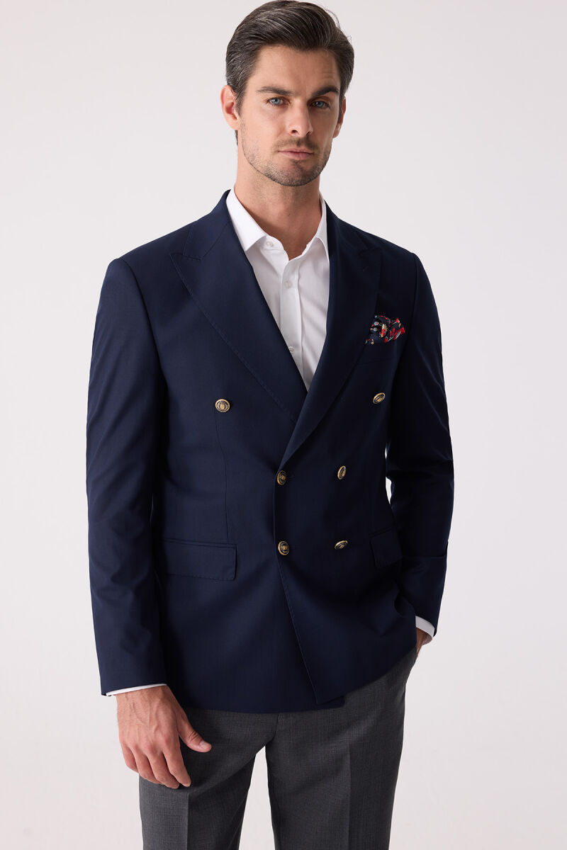 Erkek Lacivert Regular Fit Yün Puntolu Kruvaze Blazer Ceket - 5