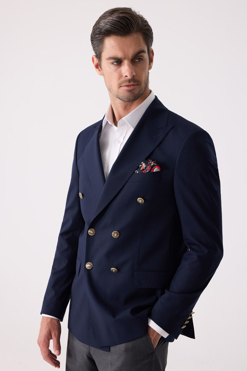 Erkek Lacivert Regular Fit Yün Puntolu Kruvaze Blazer Ceket - 6