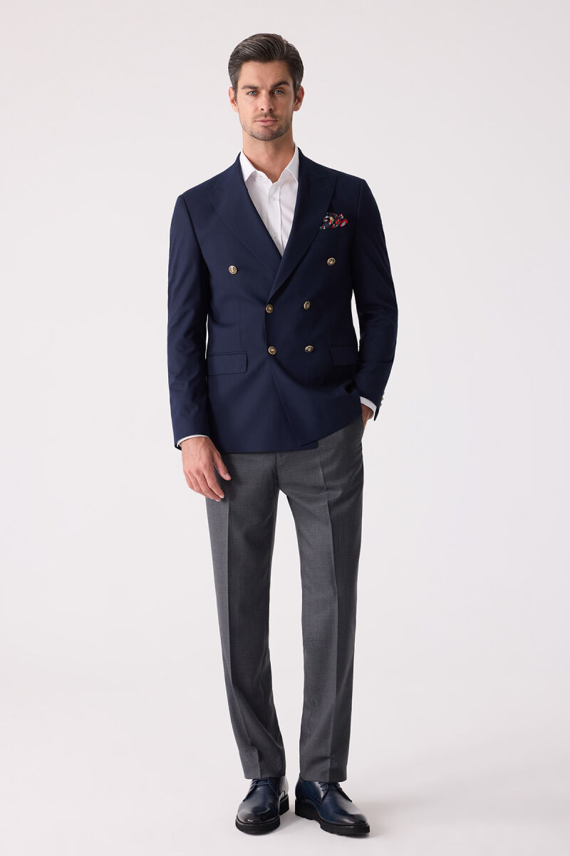Erkek Lacivert Regular Fit Yün Puntolu Kruvaze Blazer Ceket - 7