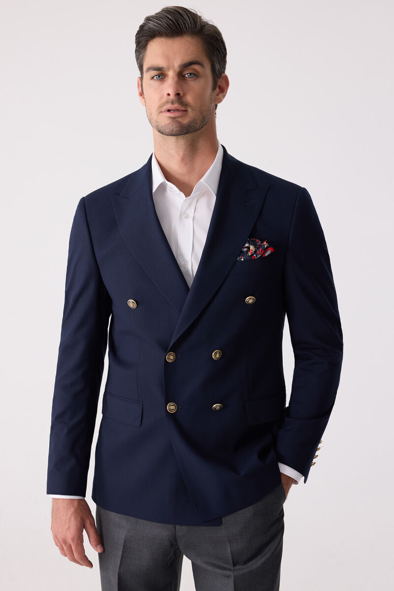 Erkek Lacivert Regular Fit Yün Puntolu Kruvaze Blazer Ceket - 8