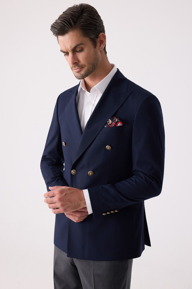 Erkek Lacivert Regular Fit Yün Puntolu Kruvaze Blazer Ceket - 9
