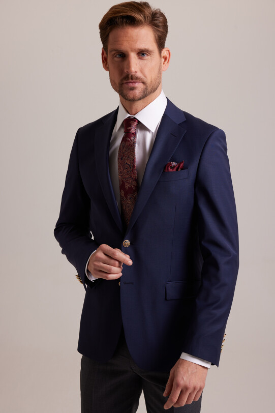 Erkek Lacivert Regular Fit Yünlü Blazer Ceket - YSF