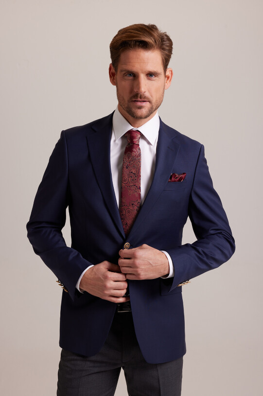 Erkek Lacivert Regular Fit Yünlü Blazer Ceket