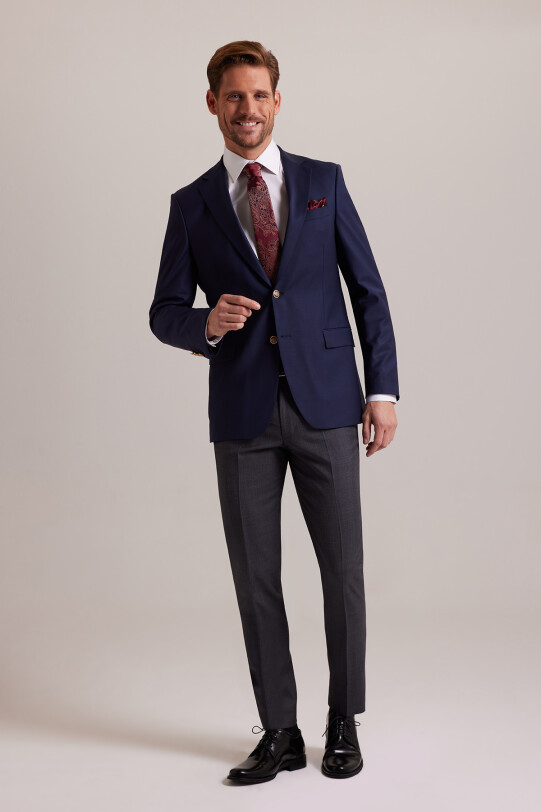 Erkek Lacivert Regular Fit Yünlü Blazer Ceket