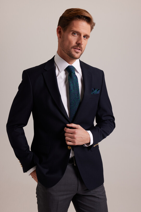 Erkek Lacivert Regular Fit Yünlü Blazer Ceket