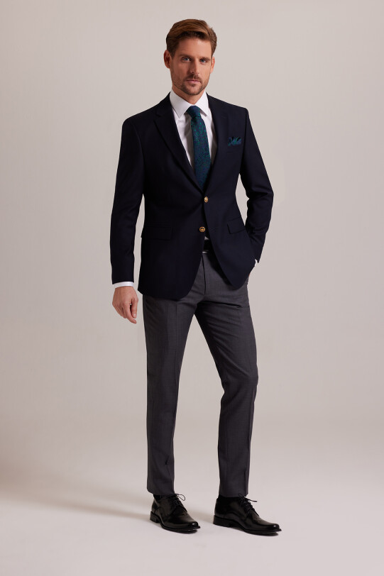 Erkek Lacivert Regular Fit Yünlü Blazer Ceket