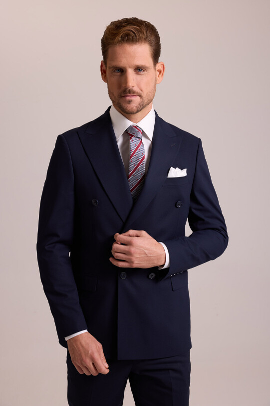 Erkek Lacivert Regular Fit Yünlü Likralı Kruvaze Yaka Takım Elbise