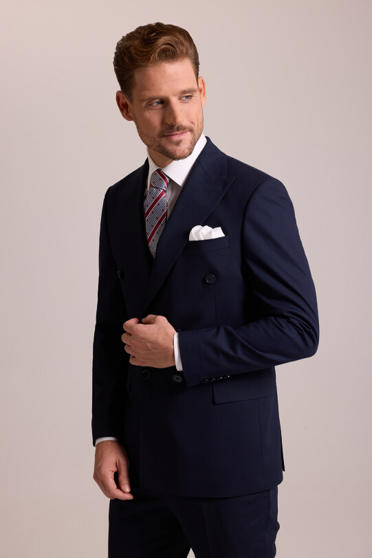 Erkek Lacivert Regular Fit Yünlü Likralı Kruvaze Yaka Takım Elbise