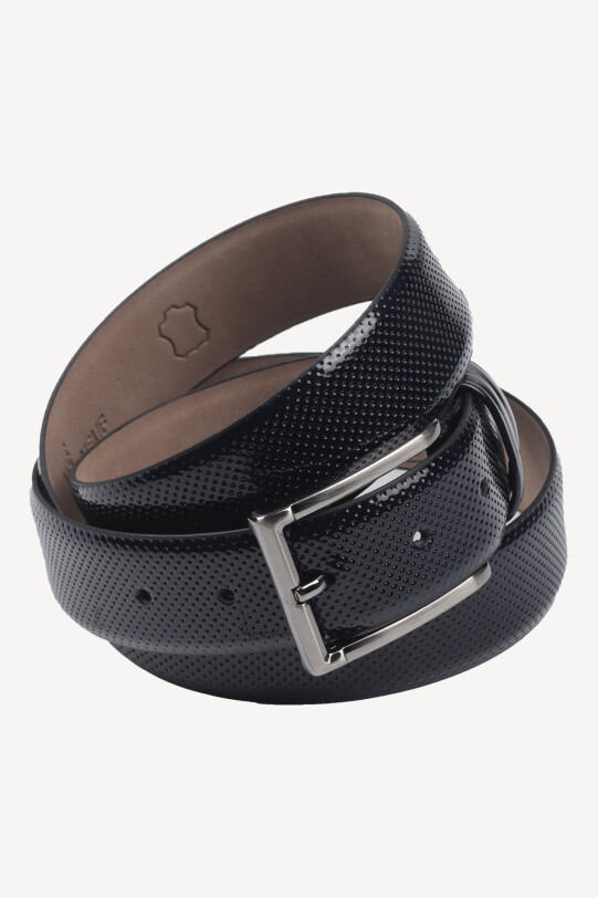 Erkek Lacivert Rugan Lazer Baskı Klasik Rugan Deri Kemer