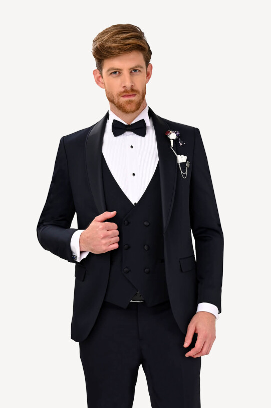 Erkek Lacivert Şal Yaka Yelekli Slim Fit Damatlık