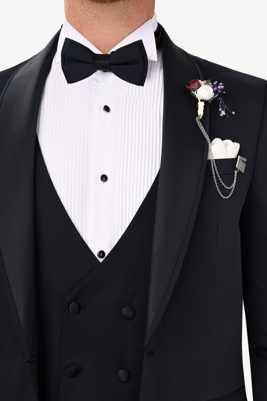 Erkek Lacivert Şal Yaka Yelekli Slim Fit Damatlık