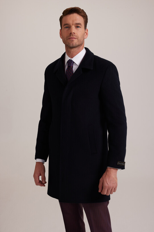 Erkek Lacivert Regular Fit Mono Yaka Kaşmir Palto
