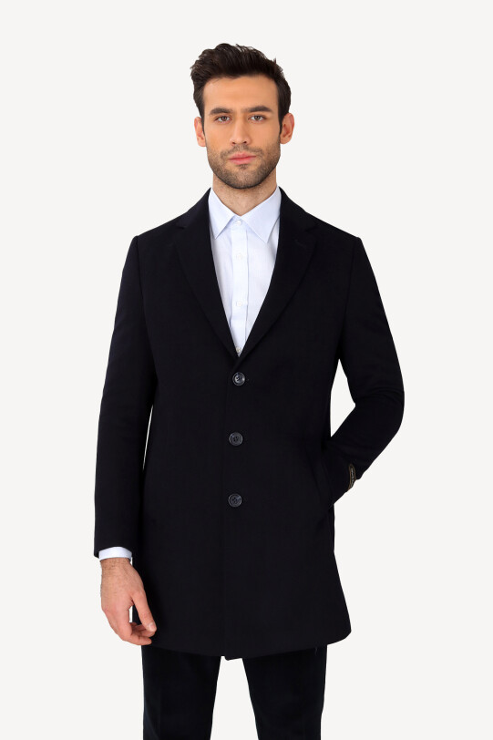 Erkek Lacivert Regular Fit Mono Yaka Kaşmir Karışımlı Palto